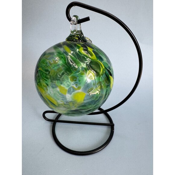 Handcrafted Green & Yellow Swirl Friendship Spirit Glass Ball With Stand - Picture 2 of 6